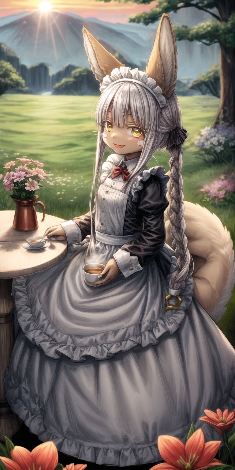 score_9, score_8_up, score_7_up, score_6_up, score_5_up, score_4_up,Full body image ,nanachi (made in abyss), furry, fur, fluffy, Yellow eyes, ((Flower in hair)), simple braid, Having a cup of tea , sitting, landscape, sunset, field, trees, maid Clothing, table, smiling, 