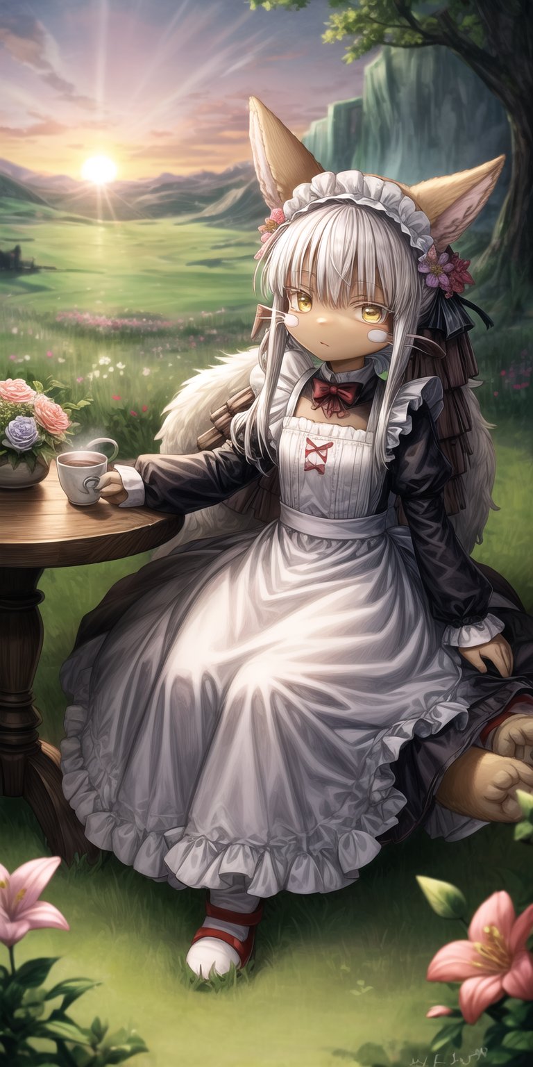 score_9, score_8_up, score_7_up, score_6_up, score_5_up, score_4_up,Full body image ,nanachi (made in abyss), furry, fur, fluffy, Yellow eyes, ((Flower in hair)), simple braid, Having a cup of tea , sitting, landscape, sunset, field, trees, maid Clothing, table, 