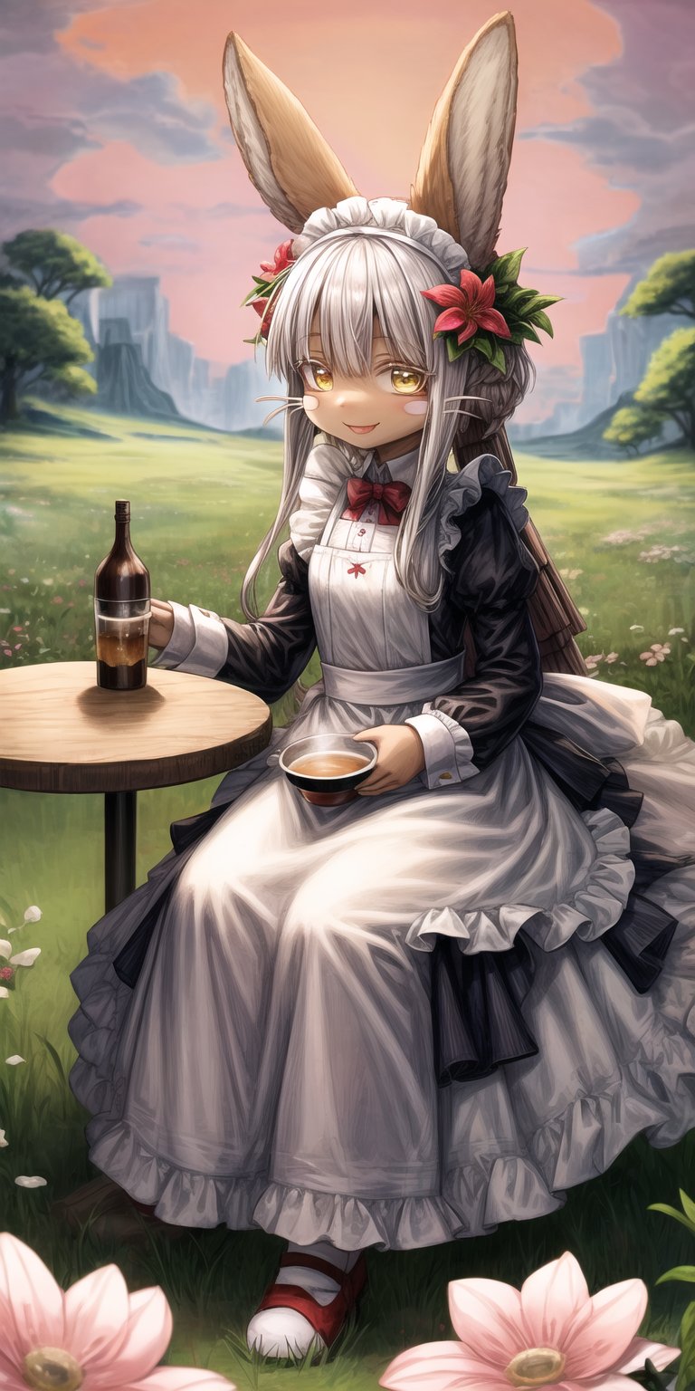 score_9, score_8_up, score_7_up, score_6_up, score_5_up, score_4_up,Full body image ,nanachi (made in abyss), furry, fur, fluffy, Yellow eyes, ((Flower in hair)), simple braid, Having a cup of tea , sitting, landscape, sunset, field, trees, maid Clothing, table, smiling, 