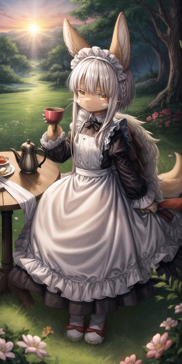 score_9, score_8_up, score_7_up, score_6_up, score_5_up, score_4_up,Full body image ,nanachi (made in abyss), furry, fur, fluffy, Yellow eyes, Flower in hair, simple braid, Having a cup of tea , sitting, landscape, sunset, field, trees, maid Clothing, table, 