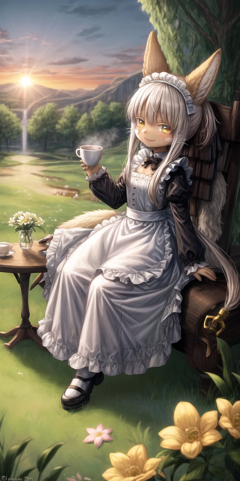 score_9, score_8_up, score_7_up, score_6_up, score_5_up, score_4_up,Full body image ,nanachi (made in abyss), furry, fur, fluffy, Yellow eyes, ((Flower in hair)), simple braid, Having a cup of tea , sitting, landscape, sunset, field, trees, maid Clothing, table, smiling 