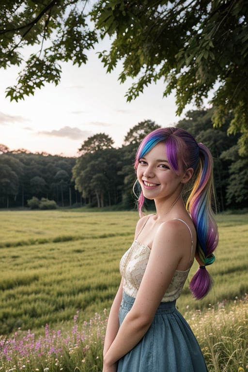 Melissa, an 11-year-old with vibrant rainbow-hair and pigtails, smiles amidst a lush meadow. Soft, golden light casts a warm glow on her joyful face, while the surrounding flora creates a serene atmosphere. Framed in a vintage 35mm photograph, the image is bathed in a beautiful bokeh effect, with out-of-focus greenery adding depth and texture. The professional-grade camera captures every detail, rendering Melissa's laughter and the meadow's beauty in stunning 4K clarity.