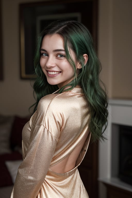 A close-up shot of Erin, a youthful teenager with striking green hair and a mischievous grin, wearing cozy pajamas in a warm, golden-lit setting. The soft focus background, achieved through the use of a 35mm film camera, adds a professional touch to the intimate portrait. The subject's long hair cascades down their back, framing their flushed cheeks as they laugh with an infectious blush. Sweat glistens on their forehead, capturing the carefree essence of this relaxed moment. The highly detailed image is rendered in stunning 4K resolution.