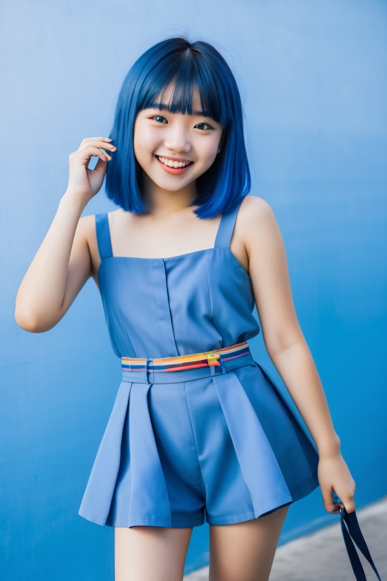 A playful snapshot of a young Filipina teenager, Katie, sporting blue hair and signature bangs. She's posing with a cheeky smirk, one hand resting on her hip while the other holds onto her colorful belt. The shot is framed tight around her face, capturing the mischievous glint in her eye. Soft, natural lighting illuminates her features, with a subtle gradient of blues in the background to match her hair. The composition emphasizes Katie's playful demeanor, drawing attention to her radiant smile and carefree vibe.