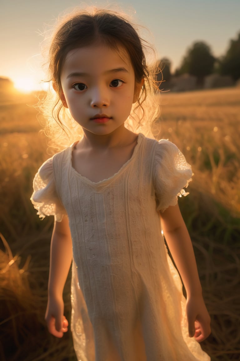 A renaissance-style portrait of a 5-year-old girl, bathed in the warm glow of sunset (1 dim light). Her slender figure is clad in a white ripped knit cloth pajama dress that appears thin and delicate, with messy hair framing her face. Her skin has a radiant, realistic quality, with no blemishes or makeup to distract from her natural beauty. Her large eyes sparkle with curiosity, featuring vivid, detailed twinkle irises and impressive lighting that highlights their shape. The focus is sharp on her face, showcasing the intricate details of her features, including subcutaneous veins and a delicate, pretty complexion. In the background, a sunset field stretches out, with the subject's clothes pulled up to reveal a flat chest. The overall atmosphere is one of innocence and wonder, captured in a highly detailed and realistic image with strong lighting and shadow.