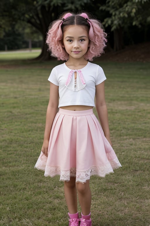 Alice. 7-year-old. native american. curly hair. Pink-hair. lacy ra ra skirt.