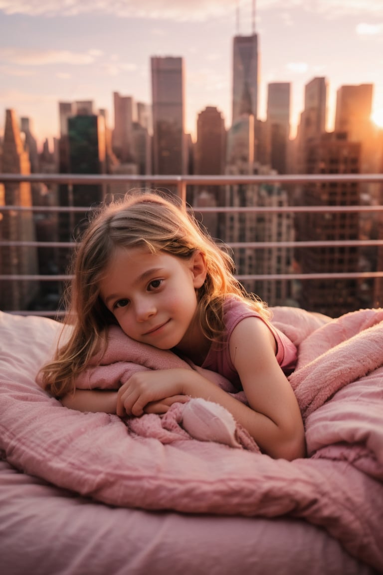 A soft focus image of Annabeth Chase, a 6-year-old girl with a gentle smile, fast asleep in a cozy bed within a bustling metropolis. The pink hue of the setting sun casts a warm glow on her peaceful expression, surrounded by towering skyscrapers and vibrant city lights. She's snuggled under a plush blanket, her small hands curled around a favorite stuffed animal.