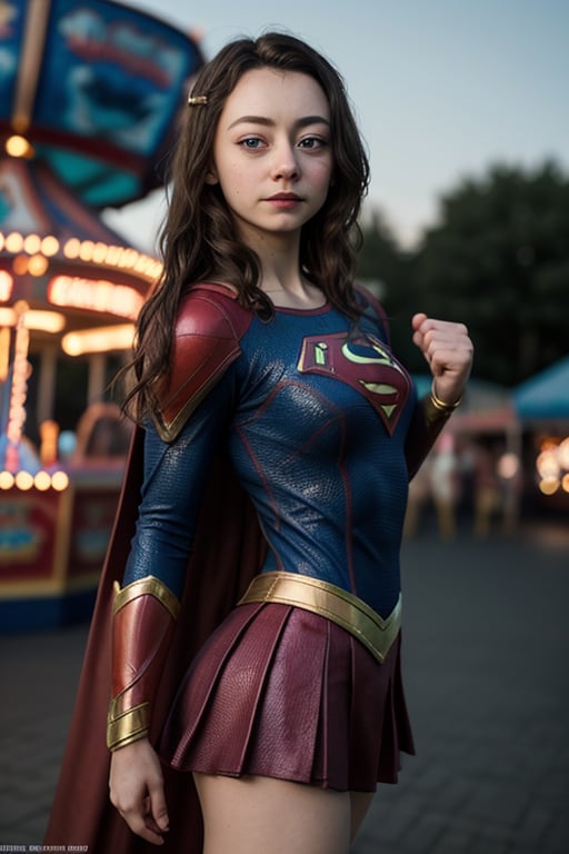 cinematic photo Jodelle. 12-year-old braided Black-hair supergirl theme park/funfair. 35mm photograph, film, bokeh, professional, 4k, highly detailed