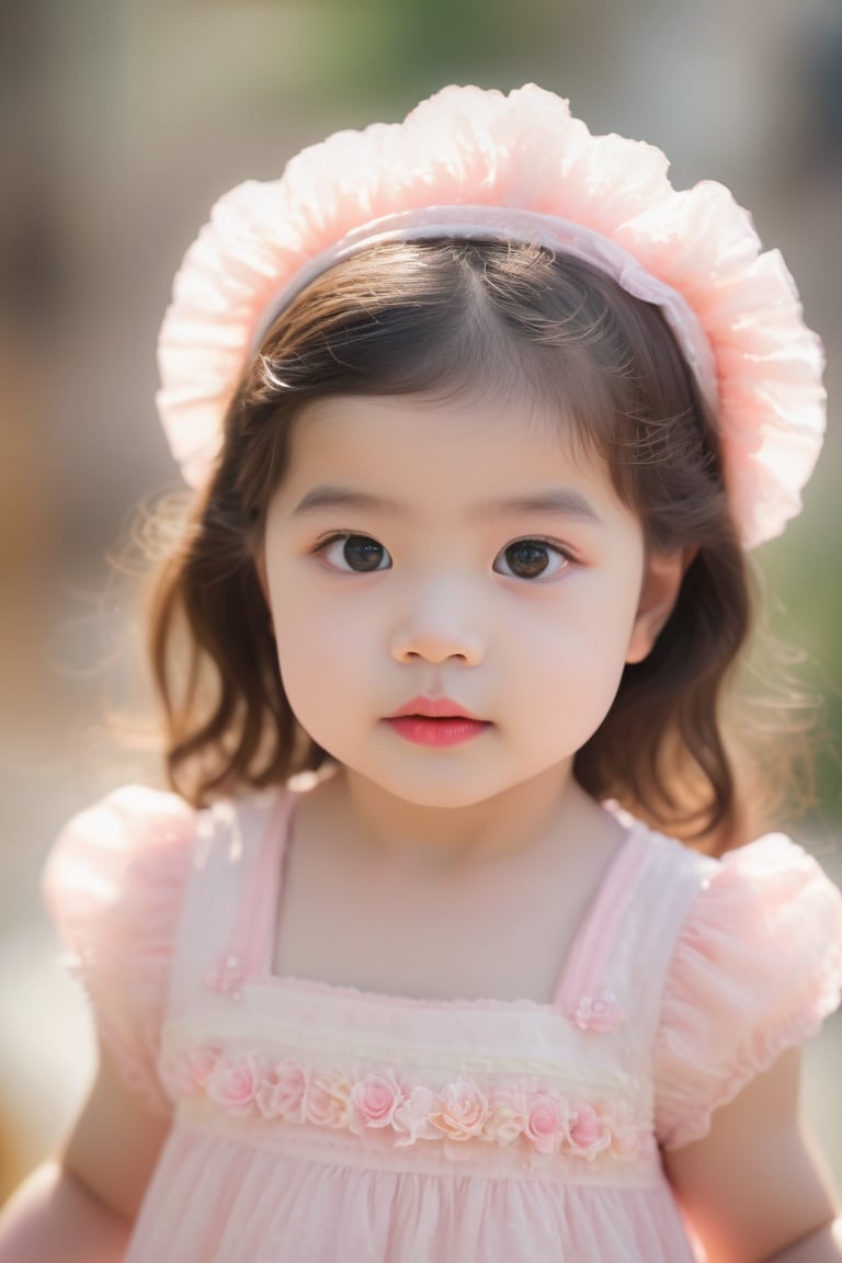 A close-up shot of Rhea, a 4-year-old girl with a 4-year-old body, showcasing her adorable features. Her bright eyes and rosy cheeks sparkle under soft, natural lighting. Framed by a subtle focus on her face, the camera captures every detail of her frilly, girly outfit and makeup, creating a stunning high-definition (4K) image that exudes innocence and cuteness.