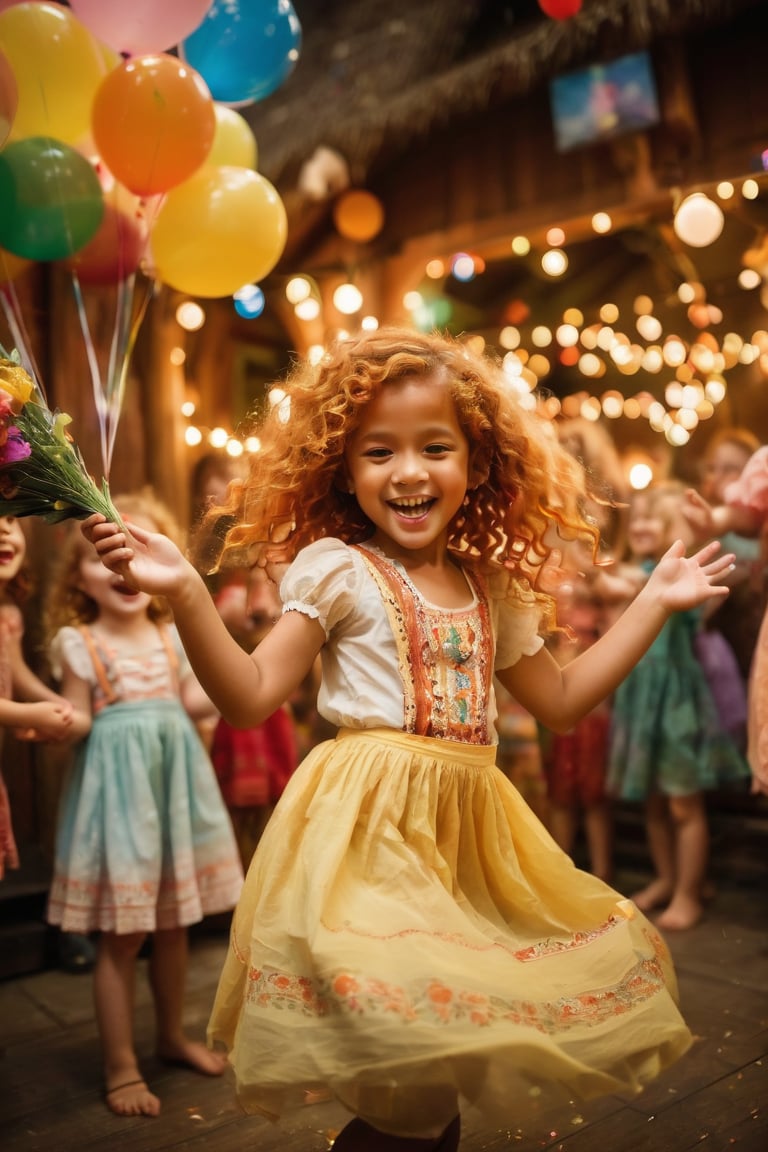 A joyful scene unfolds: a 5-year-old Indonesian child with luscious curls and bright ginger locks beams with amusement at an enchanting dirndl party. The vibrant atmosphere is set against a warm, golden-hued backdrop, with delicate balloons and twinkling fairy lights suspended above. The child's hands clutch a colorful bouquet of flowers, as they twirl and spin to the lively music, their laughter and giggles filling the air.