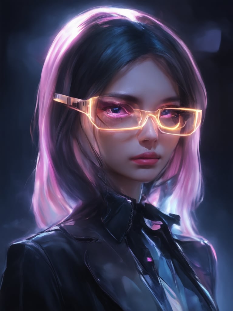 Similar graph, a cyberpunk girl, Wear clear neon glasses, cyberpunk., golden ratio details, 32k uhd, fantasy, cyberpunk, intricate, decadent, highly detailed, digital painting, ever after high, octane render, artstation, concept art, smooth, sharp focus, illustration, art by artgerm, loish, wlop. (heartwarming, uplifting, charming), (UHD, masterpiece, detailed eyes, detailed face, highest quality), (light leaks, subsurface scattering, rim light, beautiful lighting and shading, deep background, vibrant complementary colors, sharp focus)