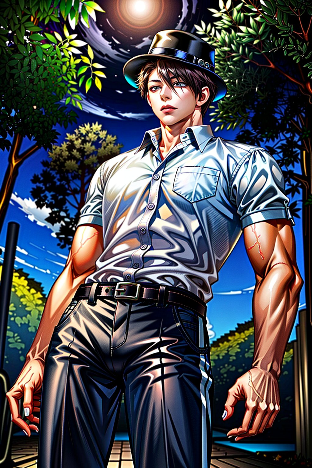 Highly detailed, high quality, masterpiece, beautiful, (medium long shot), 1 man, alone, reference to Makoto Misumi from Tsukimichi Moonlit Fantasy, normal face (open eyes, brown hair, muscular, black hat, white shirt, black belt, black pants), in the forest, detailed background.