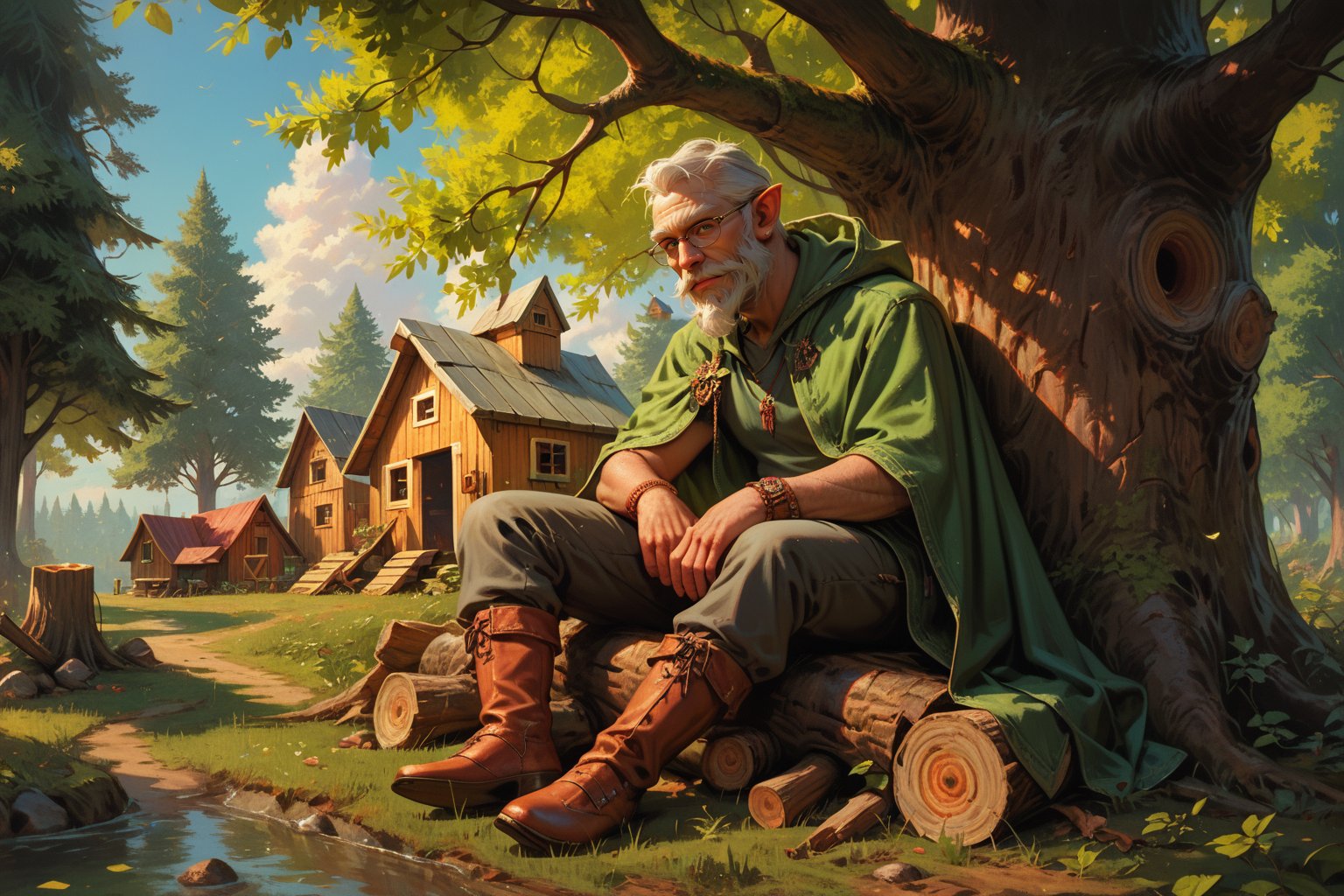 score_9, score_8_up, score_7_up, score_6_up, score_5_up, score_4_up, old_man, sitting_on_tree_stump, green_cape, hooded, short_beard, grey_beard, outdoor, sunny, wooden_cabin, detailed, detailed body, detailed face,more detail XL