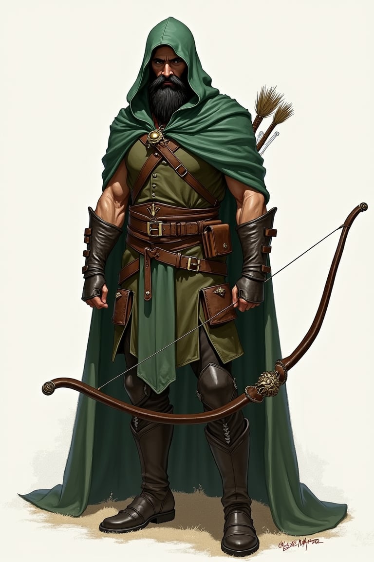 concept art, dnd, character concept, male, human, tall, muscular body, (eyes covered by hood), long green cape, ranger, holding a longbow, leather armor, black beard, fantasy art, full-body shot, 