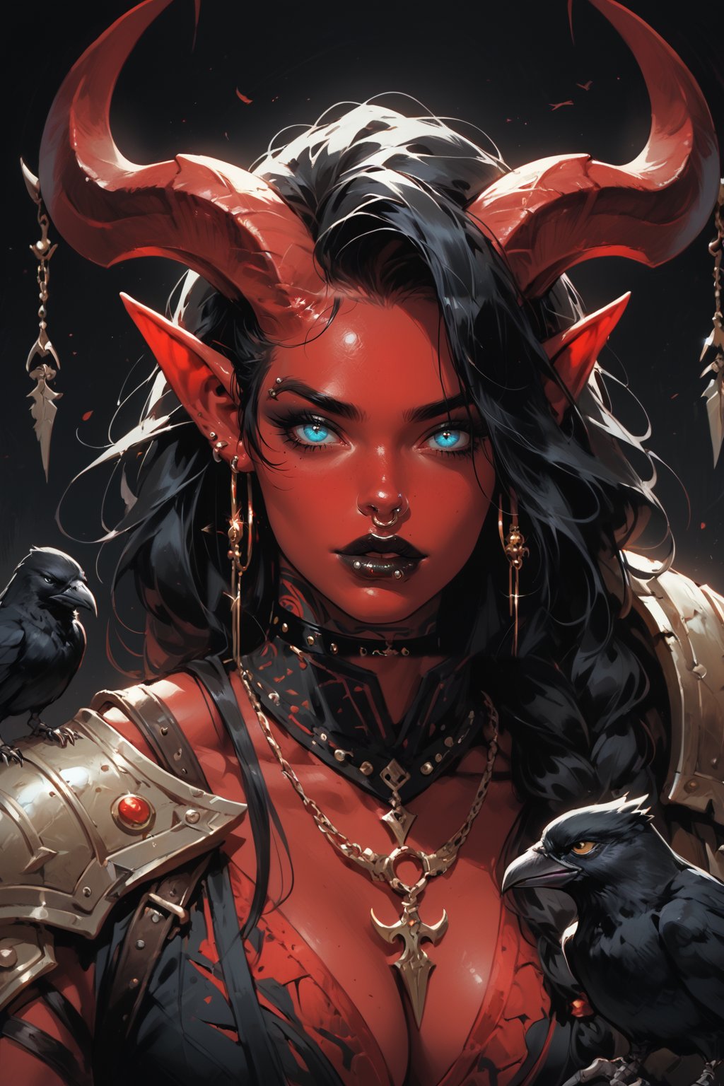 score_9, score_8_up, score_7_up, Fantasy illustration, of a tiefling woman's face, 1girl, tall, muscular body, horns, female focus, standing, solo, colored skin, holding halberd, red skin, (halberd resting on shoulder), tail, (crow sitting on shoulder:1.2), (crow feather clothes ornaments), portrait, black hair, demon, (intimidating gaze), black background, long hair, fantasy art, more detail XL