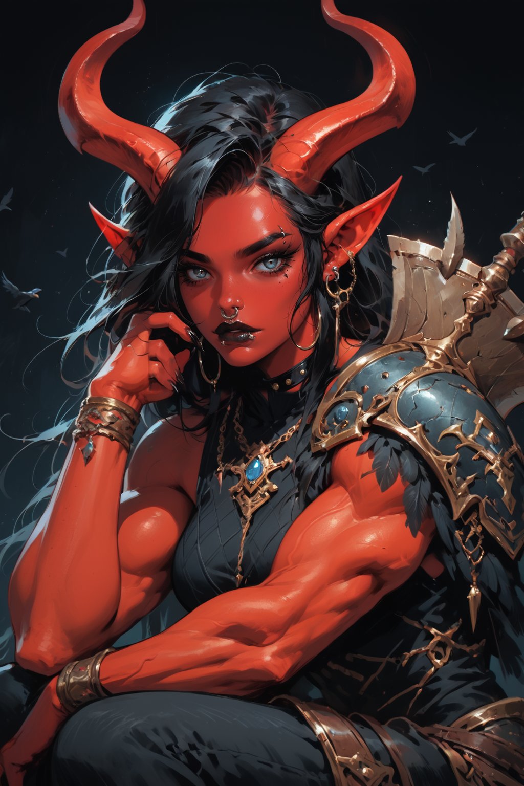 score_9, score_8_up, score_7_up, Fantasy illustration, of a tiefling woman's face, 1girl, tall, muscular body, horns, black eyes,  glowing Blue eye iris, black sclera, female focus, standing, solo, colored skin, holding halberd, red skin, (halberd resting on shoulder), tail, (crow sitting on shoulder:1.2), (crow feather clothes ornaments), portrait, black hair, demon, (intimidating gaze), black background, long hair, fantasy art, more detail XL