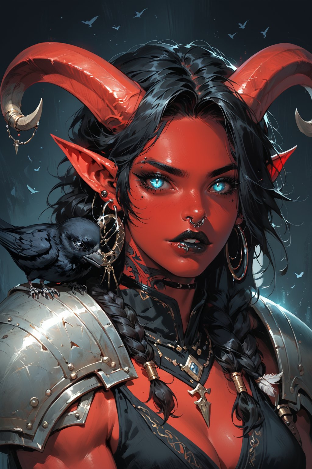 score_9, score_8_up, score_7_up, Fantasy illustration, of a tiefling woman's face, 1girl, tall, muscular body, horns, glowing Blue eye iris, black eye sclera, female focus, standing, solo, colored skin, holding halberd, red skin, (halberd resting on shoulder), tail, (crow sitting on shoulder:1.2), (crow feather clothes ornaments), portrait, black hair, demon, (intimidating gaze), black background, long hair, fantasy art, more detail XL