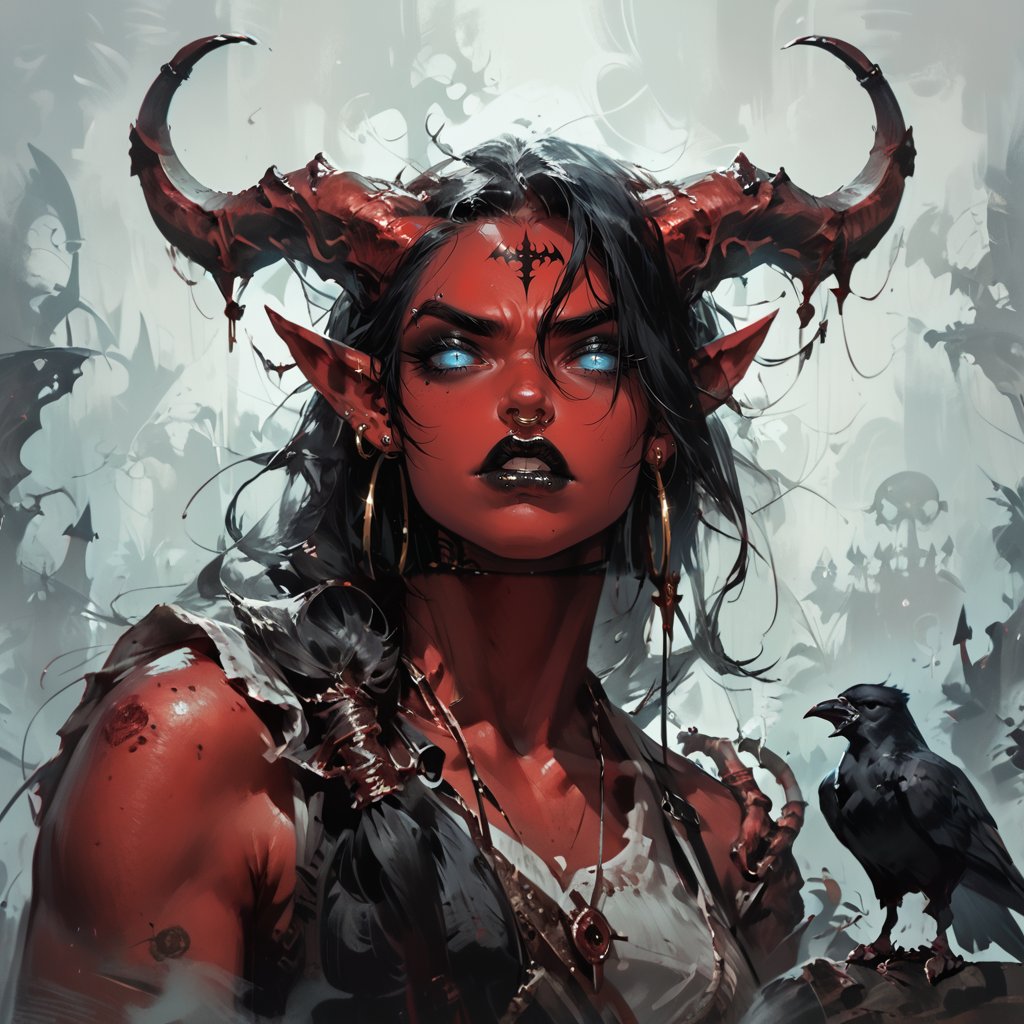 score_9, score_8_up, score_7_up, portrait, concept art, realistic, & concept art, horror (theme), monochrome, fog, realistic, Fantasy illustration, of a tiefling woman's face, 1girl, colored skin, red skin, muscular body, horns, glowing Blue eye iris, black eye sclera, female focus, solo, tail, (crow sitting on shoulder:1.2), black hair, demon, (looking down with disgust), black background, long hair, fantasy art, more detail XL