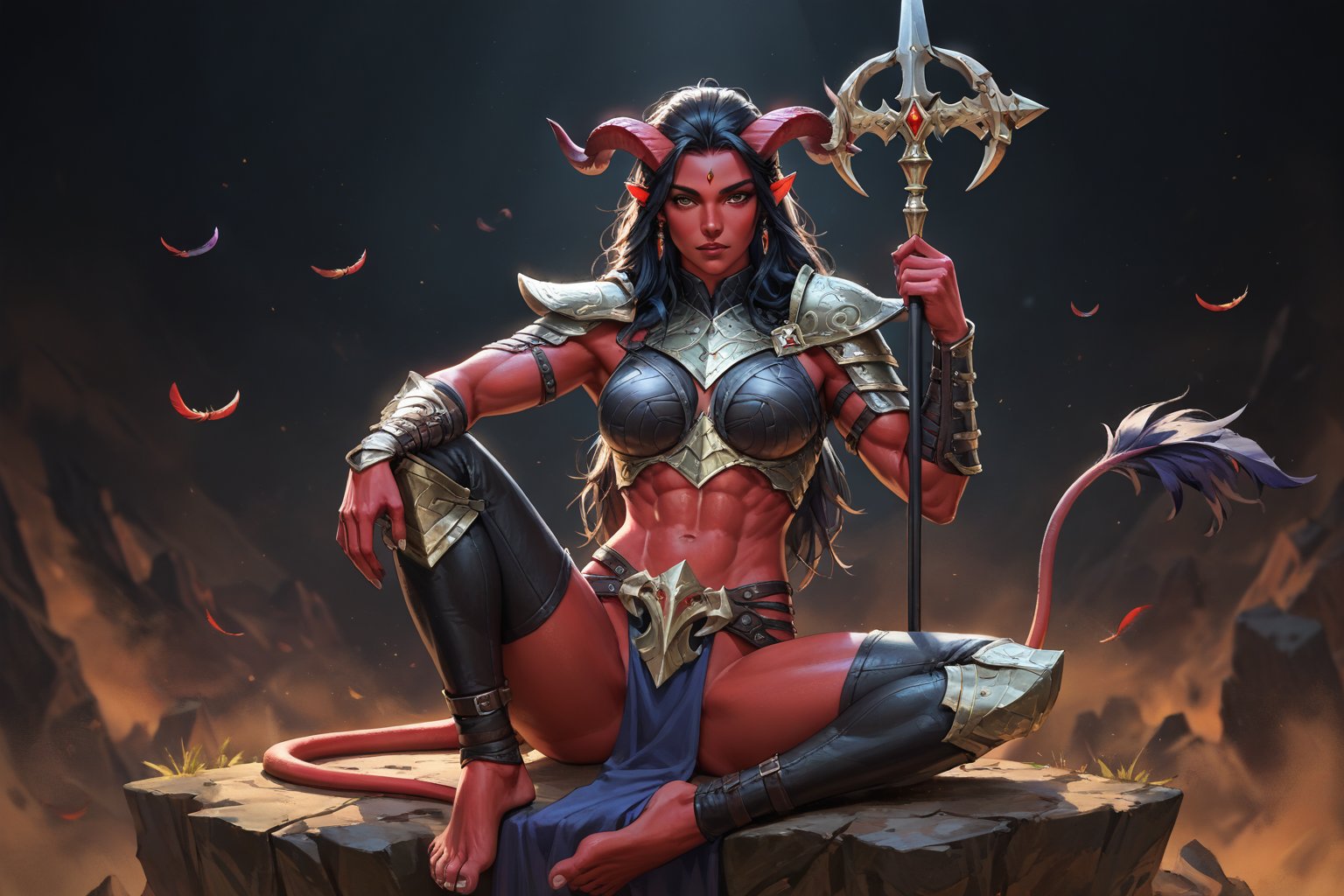 score_9, score_8_up, score_7_up, masterpiece, best quality, absurdres, very aesthetic, tiefling, 1girl, tall, muscular_body, horns, female_focus, solo, colored_skin, holding_polearm, holding_halberd, red_skin, polearm_resting_on_shoulder, black_leather_armor, tail, raven sitting on shoulder, barefoot, stirrup_legwear, leather armor raven_feather_armor_ornaments, full-body_portrait, black_hair, demon, black background, long_hair, ((masterpiece, best quality)),fantasy art,more detail XL