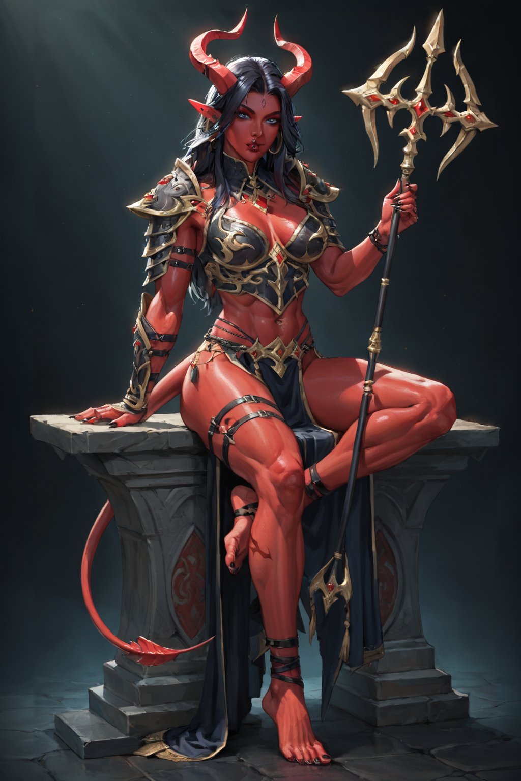 score_9, score_8_up, score_7_up, masterpiece, best quality, absurdres, very aesthetic, tiefling, 1girl, tall, muscular body, horns, female focus, solo, colored skin, holding polearm, holding halberd, red skin, polearm resting on shoulder, black leather armor, tail, raven sitting on shoulder, barefoot, stirrup_legwear, raven feather armor ornaments, full-body portrait, black hair, demon, black background, long hair, fantasy art, more detail XL