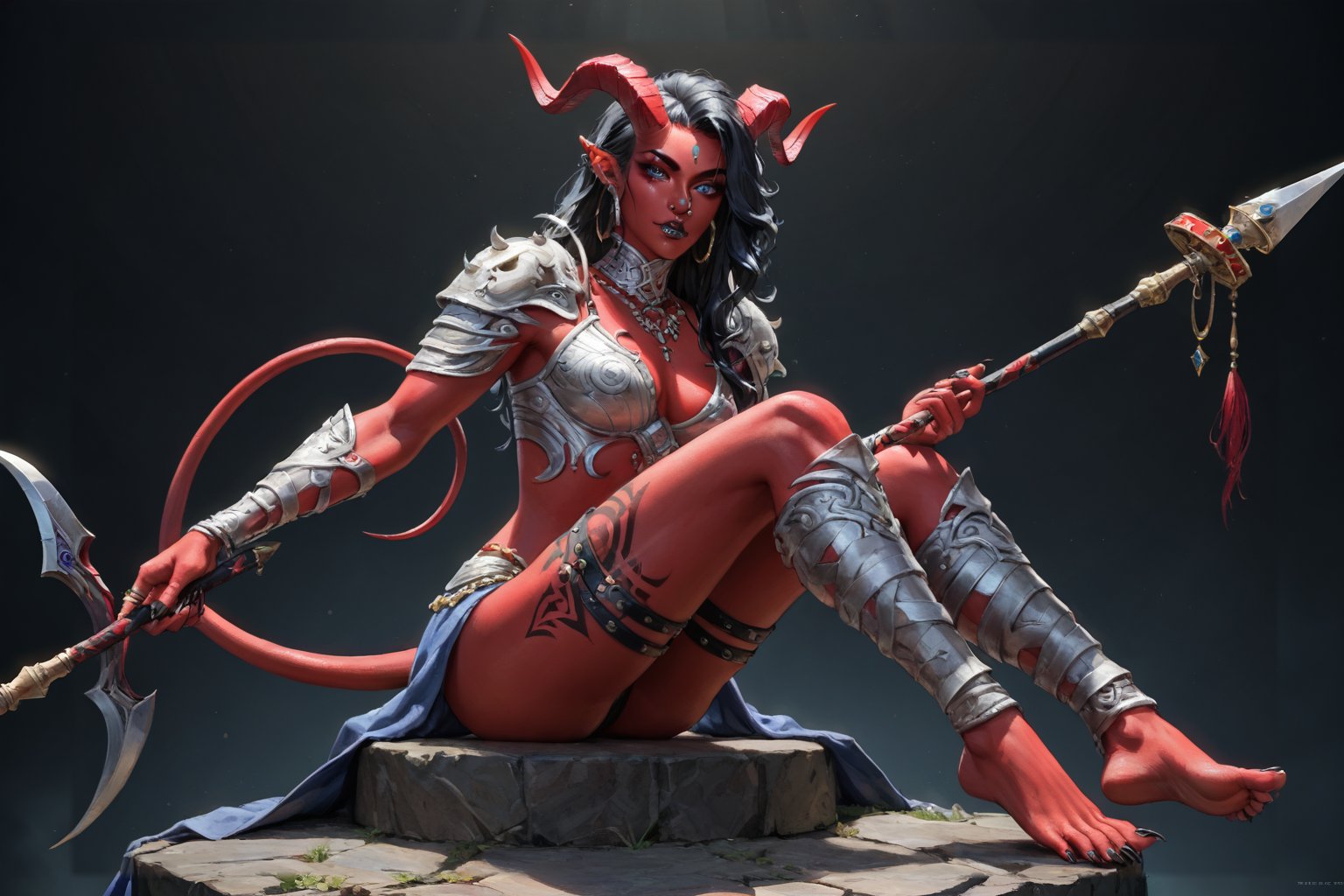 score_9, score_8_up, score_7_up, masterpiece, best quality, absurdres, very aesthetic, tiefling, 1girl, tall, muscular_body, horns, female_focus, solo, colored_skin, holding_polearm, holding_halberd, red_skin, polearm_resting_on_shoulder, black_leather_armor, tail, raven sitting on shoulder, barefoot, stirrup_legwear, raven_feather_armor_ornaments, full-body_portrait, black_hair, demon, black background, long_hair, ((masterpiece, best quality)),fantasy art,more detail XL