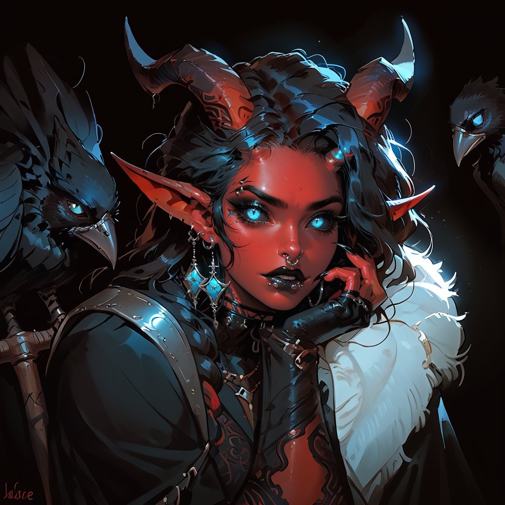 score_9, score_8_up, score_7_up, Fantasy illustration, of a tiefling woman's face, 1girl, tall, muscular body, horns, glowing Blue eye iris, black eye sclera, female focus, solo, colored skin, red skin, (halberd resting on shoulder), tail, (crow sitting on shoulder:1.2), (crow feather clothes ornaments), portrait, black hair, demon, (blank stare), black background, long hair, fantasy art, more detail XL