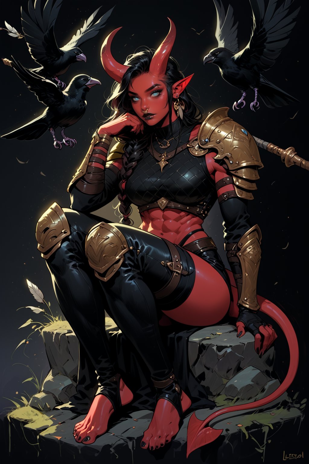 score_9, score_8_up, score_7_up, Fantasy illustration, of a tiefling woman with a halberd, 1girl, tall, muscular body, horns, female focus, solo, colored skin, black leather armor, holding polearm, holding poleaxe, red skin, polearm resting on shoulder, tail, (crow sitting on shoulder:1.2), barefoot, stirrup_legwear, (crow feather clothes ornaments), full-body portrait, black hair, demon, black background, long hair, fantasy art, more detail XL