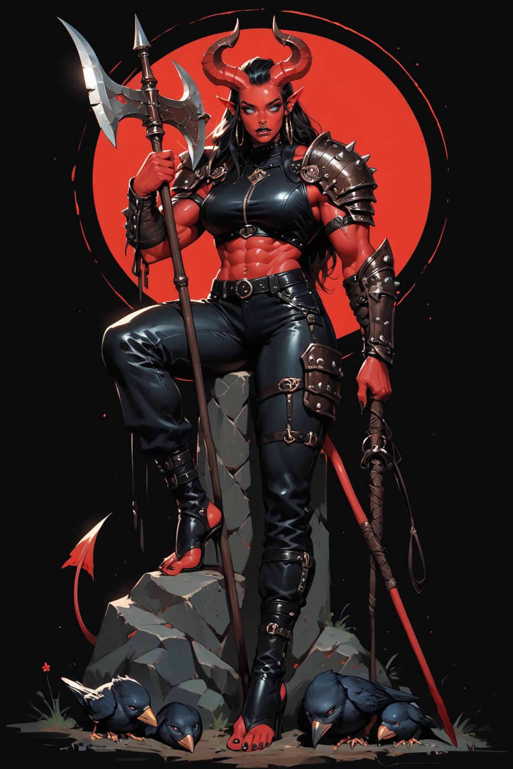 score_9, score_8_up, score_7_up, Fantasy illustration, of a tiefling woman with a halberd, 1girl, tall, muscular body, horns, female focus, standing, solo, colored skin, black leather armor, holding halberd, red skin, (halberd resting on shoulder), tail, (crow sitting on shoulder:1.2), heels, stirrup_legwear, leather pants, (crow feather clothes ornaments), full-body portrait, black hair, demon, black background, long hair, fantasy art, more detail XL