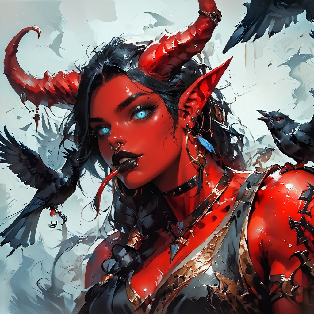 score_9, score_8_up, score_7_up, Fantasy illustration, of a tiefling woman's face, 1girl, tall, muscular body, horns, glowing Blue eye iris, black eye sclera, female focus, solo, colored skin, red skin, (halberd resting on shoulder), tail, (crow sitting on shoulder:1.2), (crow feather clothes ornaments), portrait, black hair, demon, (blank stare), black background, long hair, fantasy art, more detail XL,oil painting, traditional media, realist