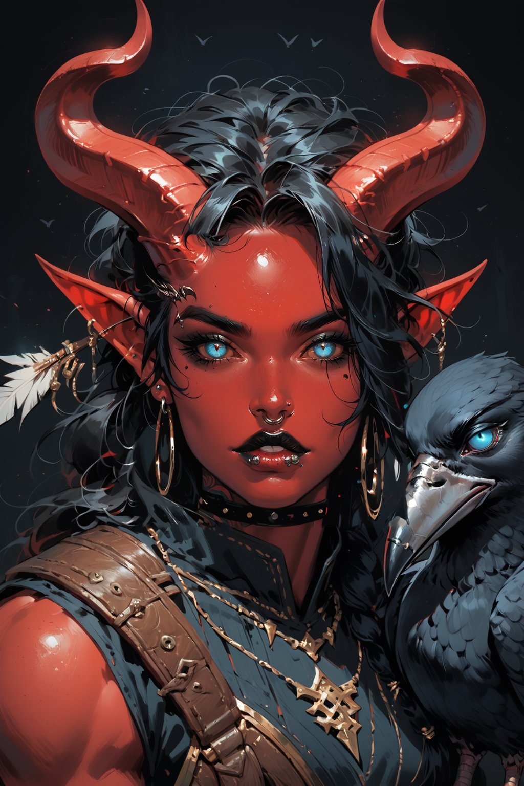 score_9, score_8_up, score_7_up, Fantasy illustration, of a tiefling woman's face, 1girl, tall, muscular body, horns, glowing Blue eye iris, black eye sclera, female focus, standing, solo, colored skin, holding halberd, red skin, (halberd resting on shoulder), tail, (crow sitting on shoulder:1.2), (crow feather clothes ornaments), portrait, black hair, demon, (intimidating gaze), black background, long hair, fantasy art, more detail XL