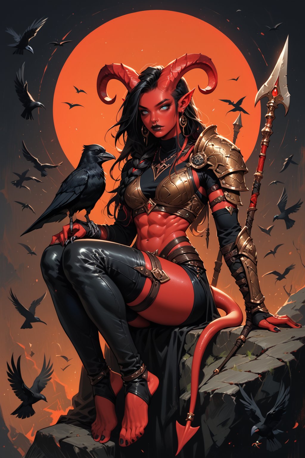 score_9, score_8_up, score_7_up, Fantasy illustration, of a tiefling woman with a halberd, 1girl, tall, muscular body, horns, female focus, solo, colored skin, black leather armor, holding polearm, holding poleaxe, red skin, polearm resting on shoulder, tail, (crow sitting on shoulder:1.2), barefoot, stirrup_legwear, (crow feather clothes ornaments), full-body portrait, black hair, demon, black background, long hair, fantasy art, more detail XL