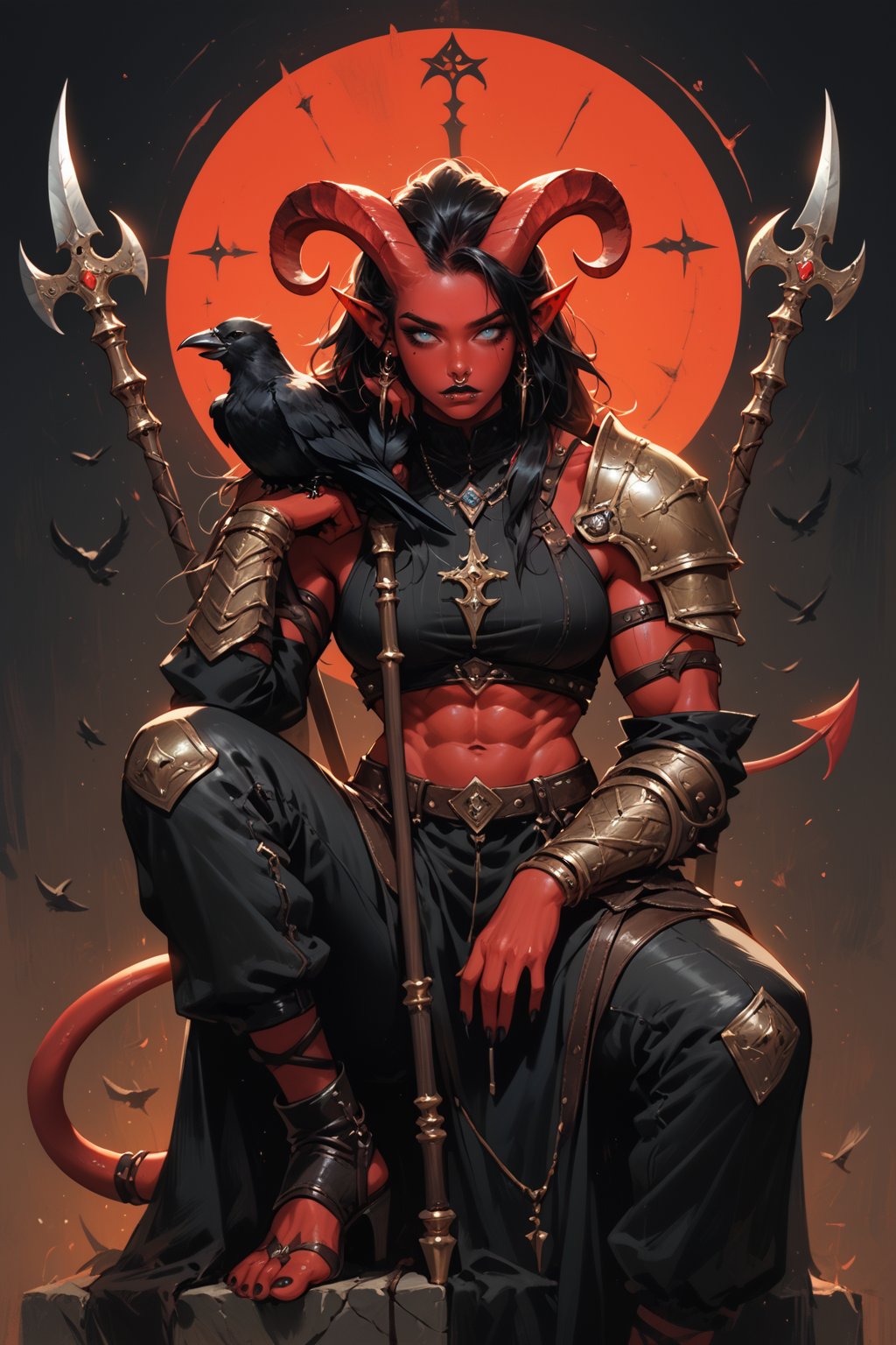 score_9, score_8_up, score_7_up, Fantasy illustration, of a tiefling woman with a halberd, 1girl, tall, muscular body, horns, female focus, solo, colored skin, black leather armor, holding polearm, holding poleaxe, red skin, polearm resting on shoulder, tail, (crow sitting on shoulder:1.1), (crow feather clothes ornaments), full-body portrait, black hair, demon, black background, long hair, fantasy art, more detail XL