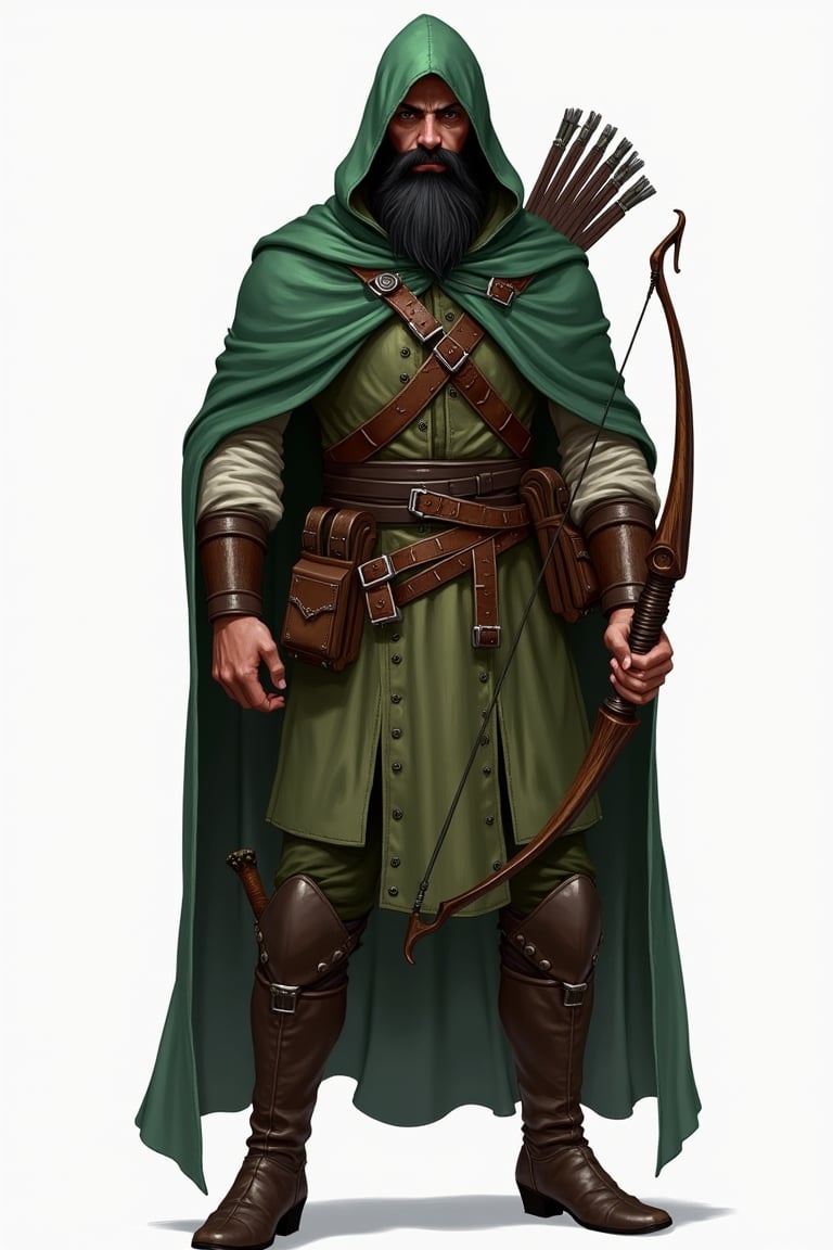 concept art, dnd, character concept, male, human, tall, muscular body, (eyes covered by hood), long green cape, ranger, holding a longbow, leather armor, black beard, fantasy art, full-body shot, 