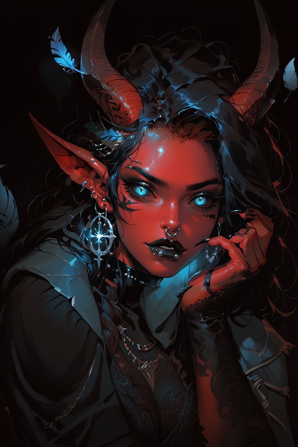 score_9, score_8_up, score_7_up, Fantasy illustration, of a tiefling woman's face, 1girl, tall, muscular body, horns, glowing Blue eye iris, black eye sclera, female focus, solo, colored skin, red skin, (halberd resting on shoulder), tail, (crow sitting on shoulder:1.2), (crow feather clothes ornaments), portrait, black hair, demon, (blank stare), black background, long hair, fantasy art, more detail XL