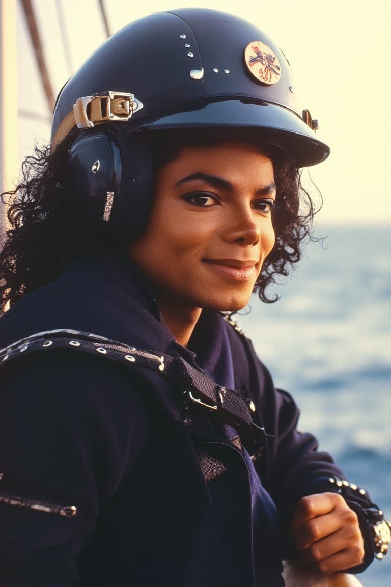 Photo of MJBAD87 Michael Jackson 1987 man white background white deep blue outfit inside ocean navy helmet aboard sailor looking at side windy sunset looking side view salute pose smile happy 4K