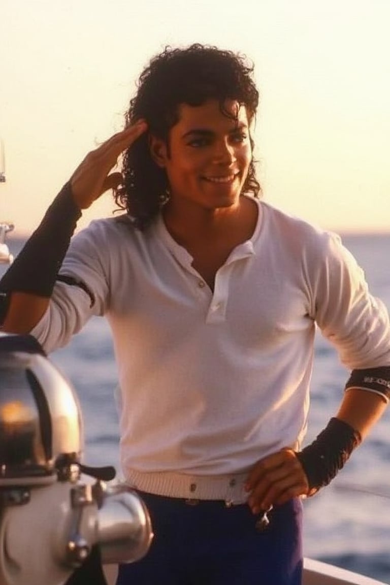 Photo of MJBAD87 Michael Jackson 1987 man white background white blue outfit inside ocean navy helmet aboard sailor looking at side windy sunset looking directly salute pose smirk happy 4K