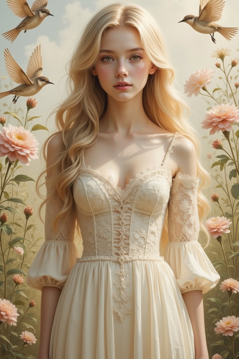 a beautiful young woman, long blonde hair, pale soft skin,lace dress, soft colors, background with birds and flowers, intricate details,