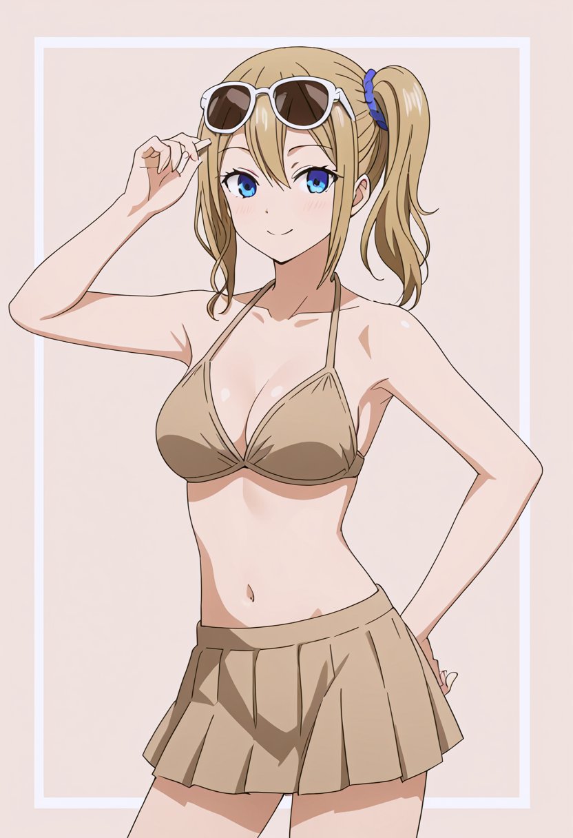 source_anime, ratings_safe, 1girl, Hayasaka Ai, sexy body, looking  at the viewer, anime style, illustration, beige bikini, skirt, sunglasses