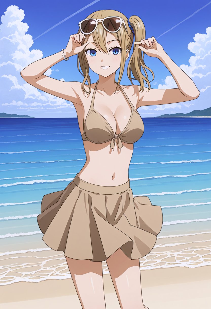 source_anime, ratings_safe, 1girl, Hayasaka Ai, sexy body, looking  at the viewer, anime style, illustration, beige bikini, skirt, sunglasses