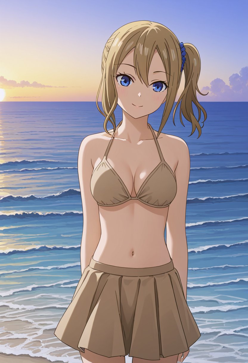 source_anime, ratings_safe, 1girl, Hayasaka Ai, sexy body, looking  at the viewer, anime style, illustration, beige bikini, skirt, ocean