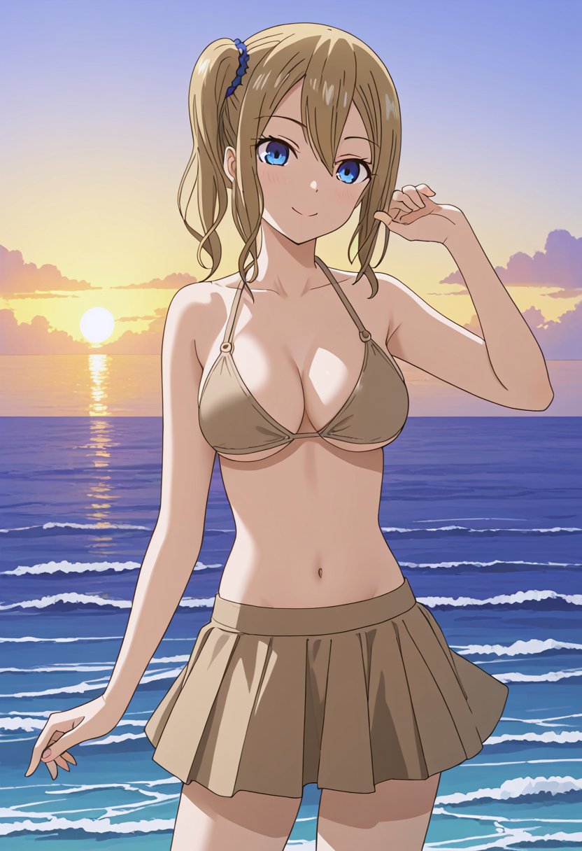 source_anime, ratings_safe, 1girl, Hayasaka Ai, sexy body, looking  at the viewer, anime style, illustration, beige bikini, skirt ,ocean