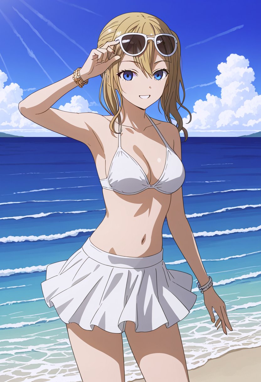 source_anime, ratings_safe, 1girl, Hayasaka Ai, sexy body, looking  at the viewer, anime style, illustration, white bikini, skirt, sunglasses,ocean