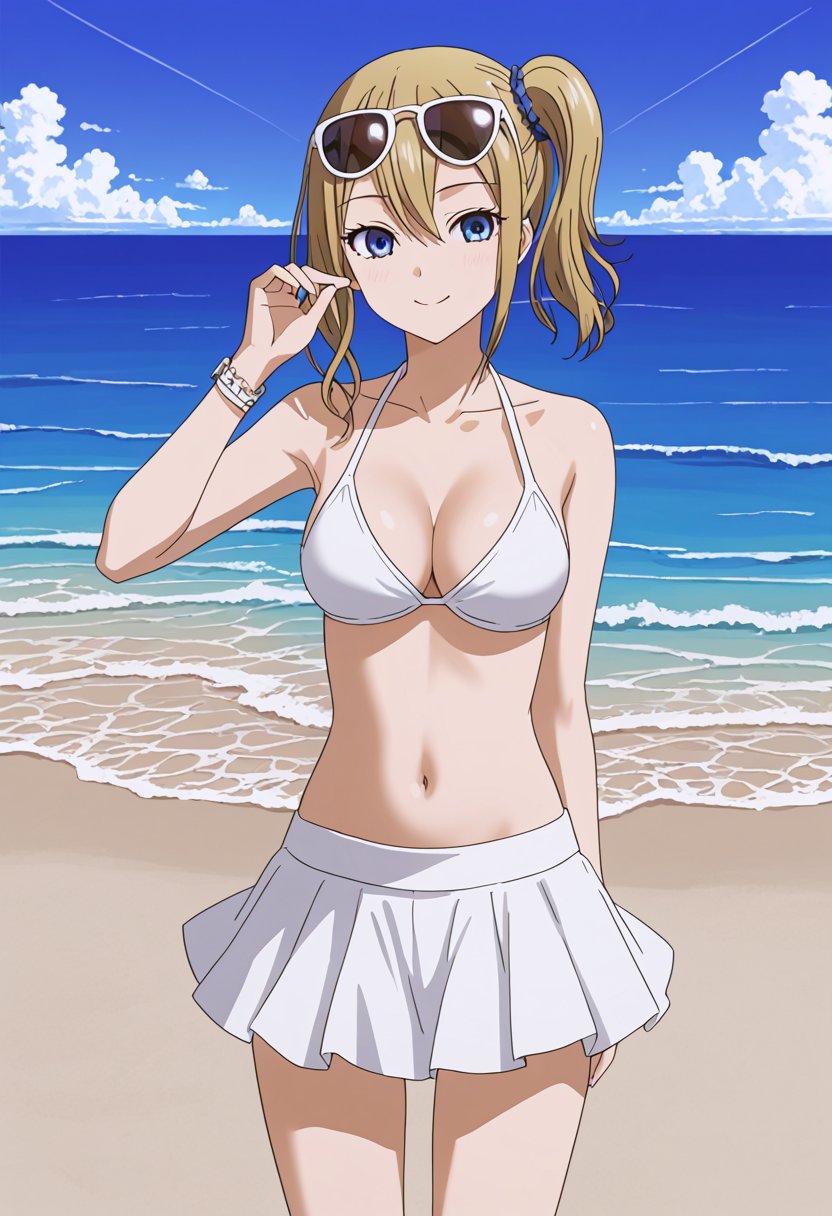 source_anime, ratings_safe, 1girl, Hayasaka Ai, sexy body, looking  at the viewer, anime style, illustration, white bikini, skirt, sunglasses,ocean