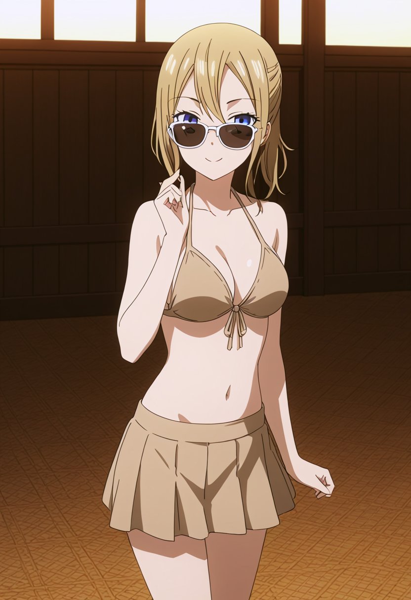 source_anime, ratings_safe, 1girl, Hayasaka Ai, sexy body, looking  at the viewer, anime style, illustration, beige bikini, skirt, sunglasses