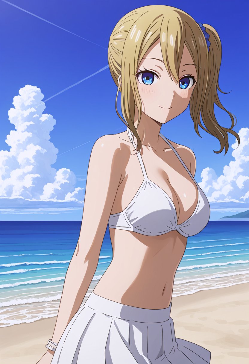 source_anime, ratings_safe, 1girl, Hayasaka Ai, sexy body, looking  at the viewer, anime style, illustration,white bikini, skirt, ocean