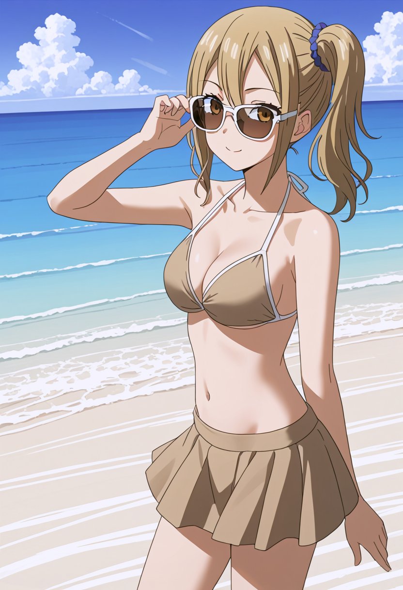 source_anime, ratings_safe, 1girl, Hayasaka Ai, sexy body, looking  at the viewer, anime style, illustration, beige bikini, skirt, sunglasses,swim