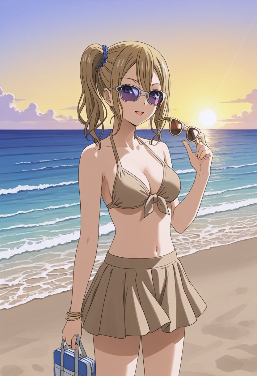 source_anime, ratings_safe, 1girl, Hayasaka Ai, sexy body, looking  at the viewer, anime style, illustration, beige bikini, skirt, sunglasses,ocean