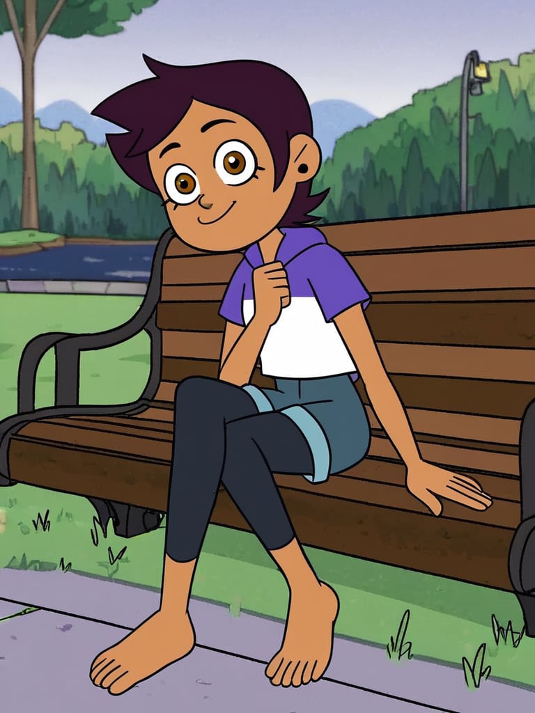 LUZ_NOCEDA, 1girl, looking at viewer, solo, dark brown short hair, purple and white short sleeve, blue shorts, black leggings, barefoot, outdoors, park, by the lake, grass, sidewalk, sitting on the bench, legs crossed