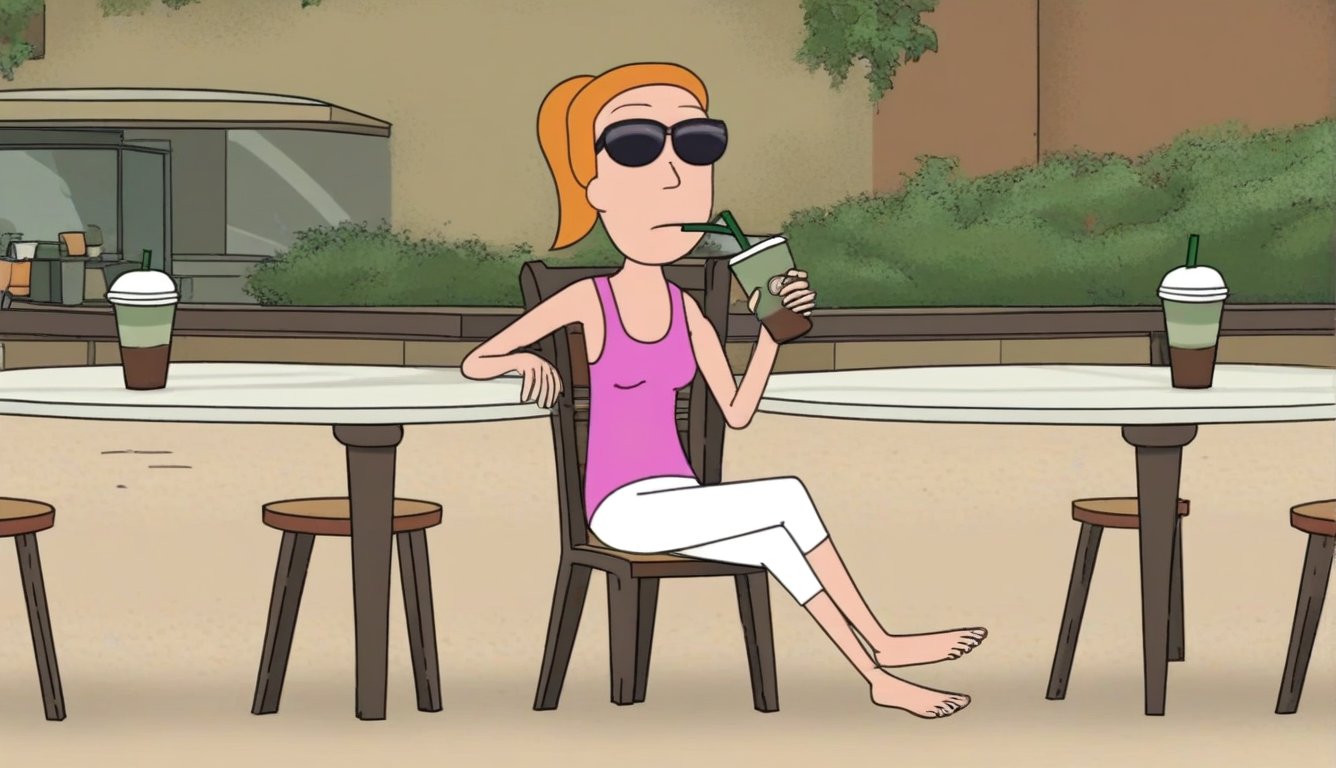 summer.smith,1girl,solo,orange hair,ponytail, solo, pink tank top,white pants,black sunglasses,bare feet and toes,outdoors,coffee shop,sitting down on the white chair,white table,sipping her frappuccino,sipping straw,legs crossed