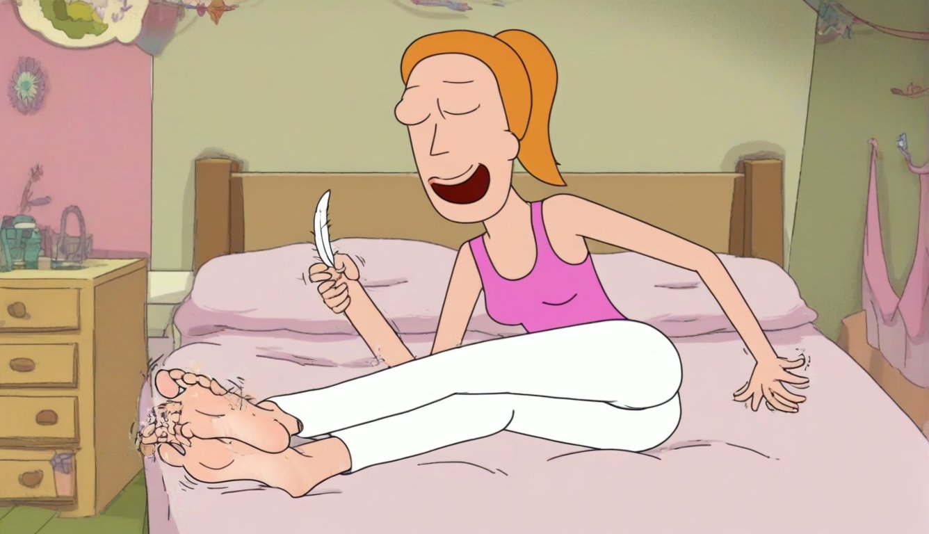 summer.smith,1girl,solo,orange hair,ponytail, solo, pink tank top,white pants,bare feet and toes,bare soles,toe wiggling,showing her feet,bedroom,laying down on her bed,laughing,feather on morty's right hand,tickling